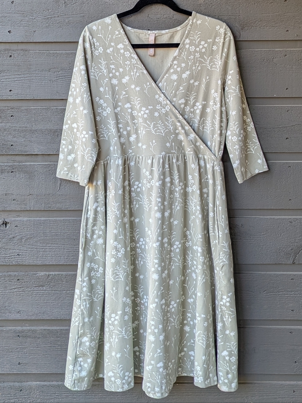 Mata Traders Sage Green Floral Surplice Wrap-Style Midi Dress XL Organic Cotton